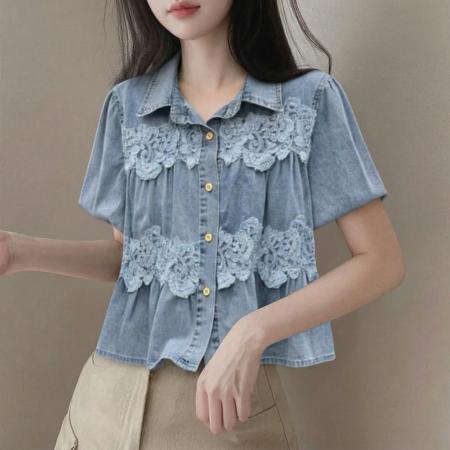 chic法式双层蕾丝娃娃领牛仔衬衫 服裝批發女裝批發服飾貨源