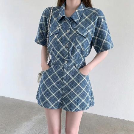 chic休闲时尚菱格牛仔套装女 服裝批發女裝批發服飾貨源