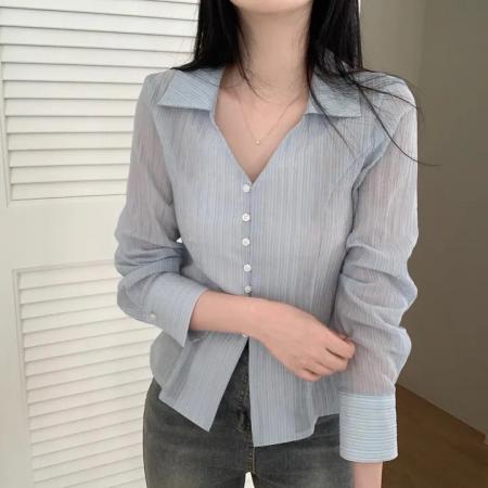 chic减龄设计感气质褶皱长袖单排扣衬衫 服裝批發女裝批發服飾貨源