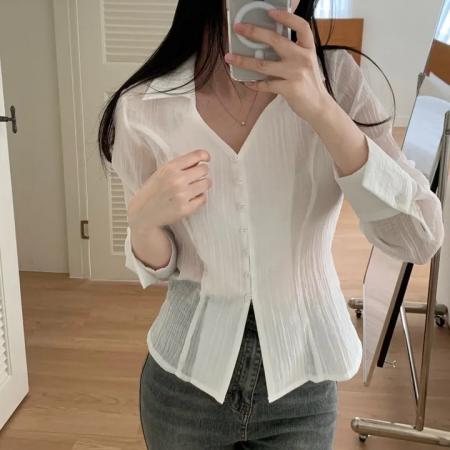 chic减龄设计感气质褶皱长袖单排扣衬衫 服裝批發女裝批發服飾貨源