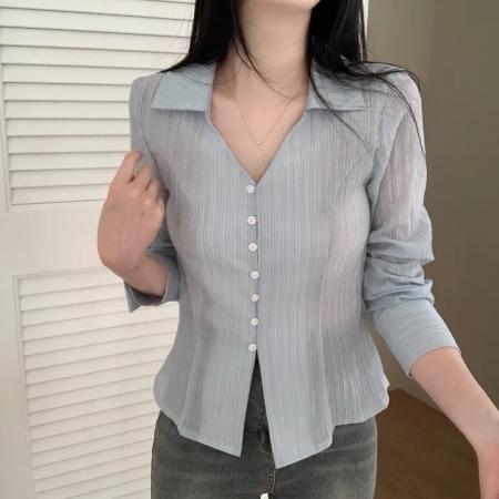 chic减龄设计感气质褶皱长袖单排扣衬衫 服裝批發女裝批發服飾貨源