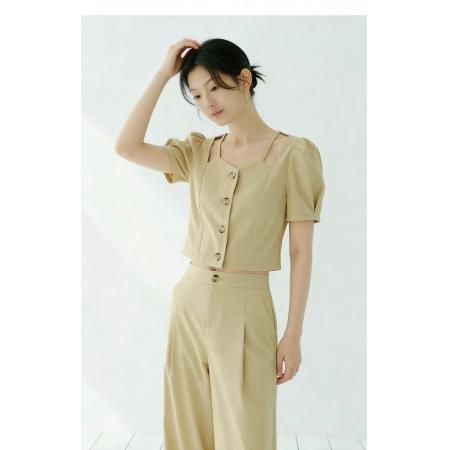 泡泡袖短上衣镂空v领两件套裤装 服裝批發女裝批發服飾貨源