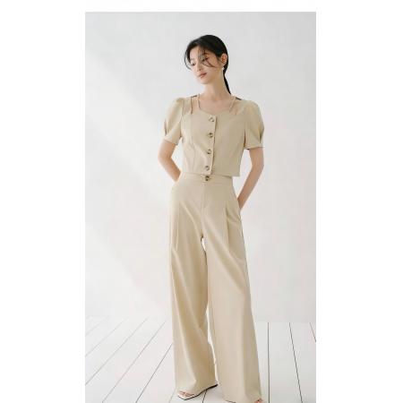 泡泡袖短上衣镂空v领两件套裤装 服裝批發女裝批發服飾貨源