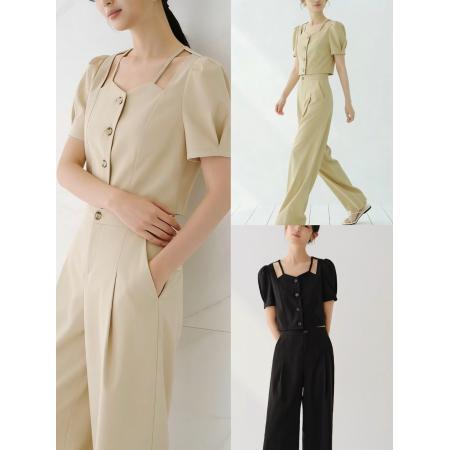 泡泡袖短上衣镂空v领两件套裤装 服裝批發女裝批發服飾貨源