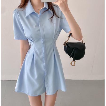 chic小众泡泡袖衬衫裙女收腰显瘦a字连衣裙 服裝批發女裝批發服飾貨源