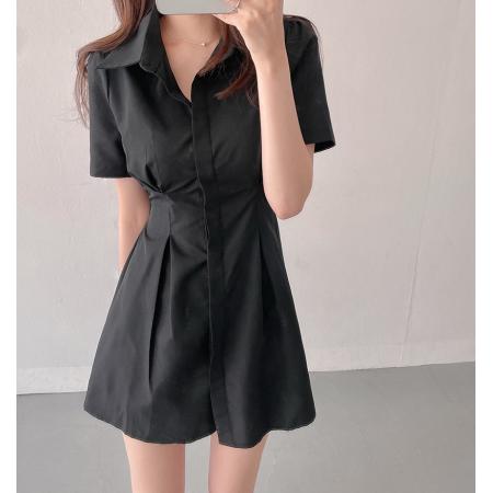 chic小众泡泡袖衬衫裙女收腰显瘦a字连衣裙 服裝批發女裝批發服飾貨源