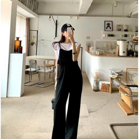 高腰阔腿裤休闲裤洋气减龄背带裤 服裝批發女裝批發服飾貨源