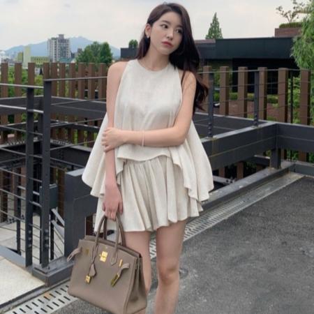 韩国chic圆领宽松不规则露肩背心+高腰休闲阔腿短裤两件套女 服裝批發女裝批發服飾貨源