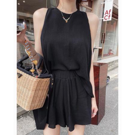 韩国chic圆领宽松不规则露肩背心+高腰休闲阔腿短裤两件套女 服裝批發女裝批發服飾貨源