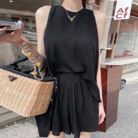 韩国chic圆领宽松不规则露肩背心+高腰休闲阔腿短裤两件套女 服裝批發女裝批發服飾貨源