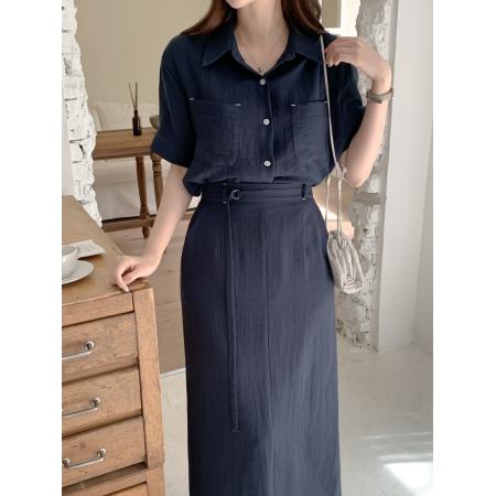 时尚通勤短袖衬衣+长款修身半身裙 服裝批發女裝批發服飾貨源