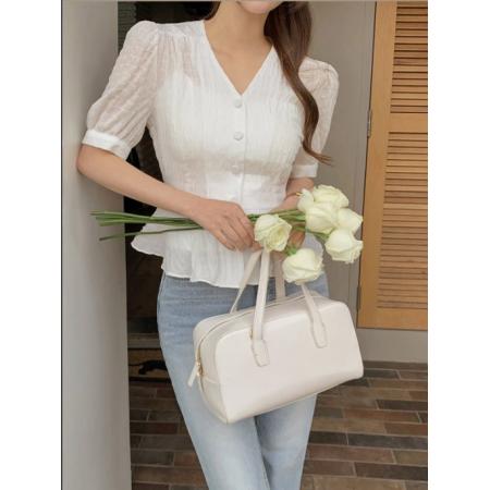 原版复古法式衬衣气质泡泡袖修身显瘦压花荷叶边衬衫 服裝批發女裝批發服飾貨源