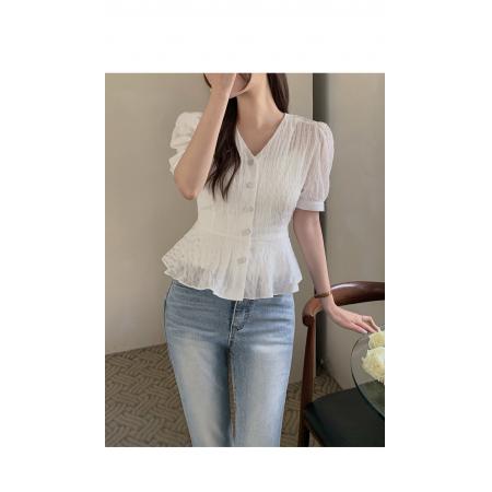 原版复古法式衬衣气质泡泡袖修身显瘦压花荷叶边衬衫 服裝批發女裝批發服飾貨源