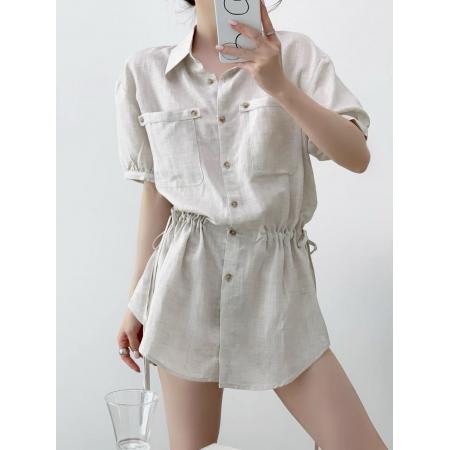 韩式天丝亚麻口袋衬衫裙女夏季薄款休闲短袖宽松衬衣 服裝批發女裝批發服飾貨源