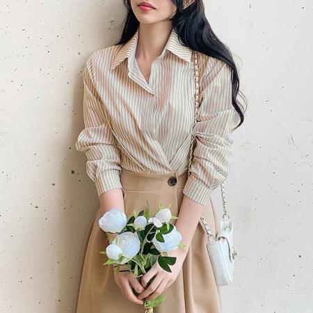 韩国chic春季法式轻奢时尚气质条纹拼接收腰衬衫裙连衣裙 服裝批發女裝批發服飾貨源