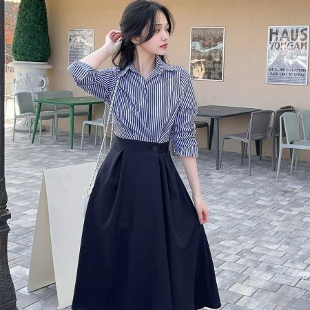 韩国chic春季法式轻奢时尚气质条纹拼接收腰衬衫裙连衣裙 服裝批發女裝批發服飾貨源