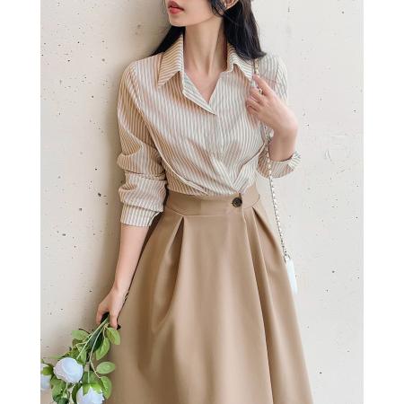 韩国chic春季法式轻奢时尚气质条纹拼接收腰衬衫裙连衣裙 服裝批發女裝批發服飾貨源