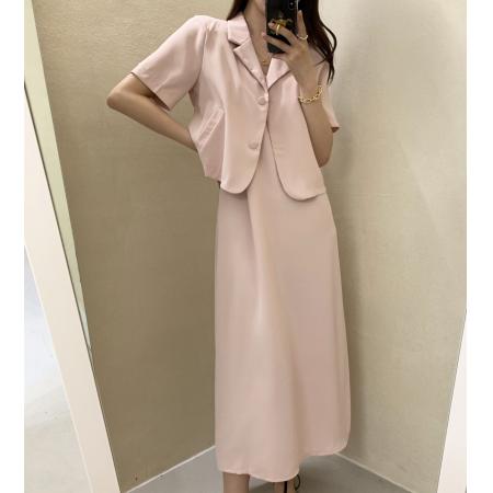 韩国chic春夏新品简约短袖西服外套+吊带连衣裙长裙两件套装 服裝批發女裝批發服飾貨源