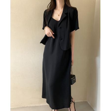 韩国chic春夏新品简约短袖西服外套+吊带连衣裙长裙两件套装 服裝批發女裝批發服飾貨源