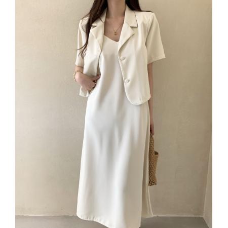 韩国chic春夏新品简约短袖西服外套+吊带连衣裙长裙两件套装 服裝批發女裝批發服飾貨源