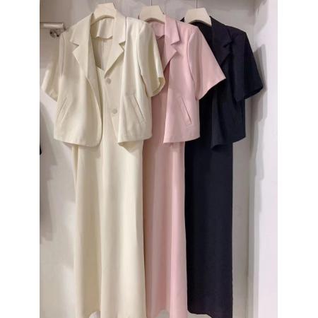 韩国chic春夏新品简约短袖西服外套+吊带连衣裙长裙两件套装 服裝批發女裝批發服飾貨源