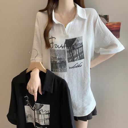 大码女装夏装新款宽松polo领短袖衬衫胖MM遮肚显瘦百搭上衣 服裝批發女裝批發服飾貨源
