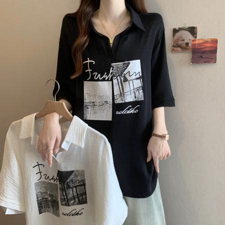 大码女装夏装新款宽松polo领短袖衬衫胖MM遮肚显瘦百搭上衣 服裝批發女裝批發服飾貨源