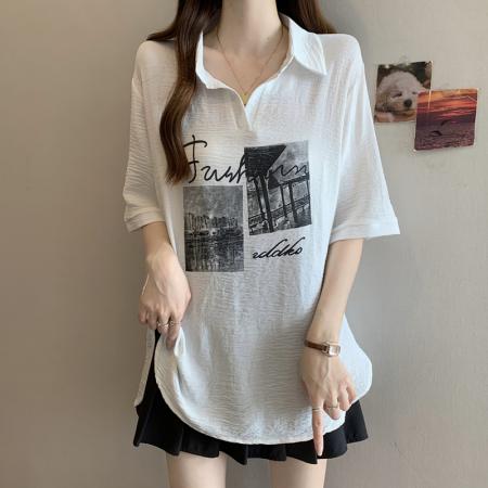 大码女装夏装新款宽松polo领短袖衬衫胖MM遮肚显瘦百搭上衣 服裝批發女裝批發服飾貨源