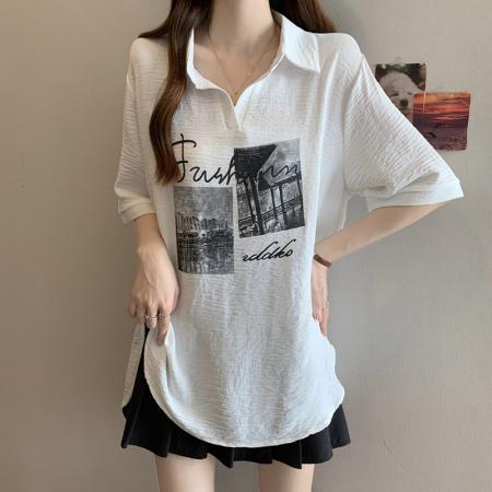 大码女装夏装新款宽松polo领短袖衬衫胖MM遮肚显瘦百搭上衣 服裝批發女裝批發服飾貨源