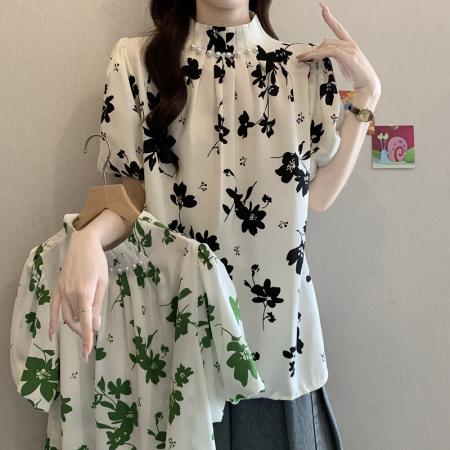 大码女装夏装新款显瘦宽松气质上衣高级感褶皱印花衬衫 服裝批發女裝批發服飾貨源