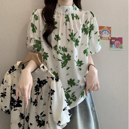 大码女装夏装新款显瘦宽松气质上衣高级感褶皱印花衬衫 服裝批發女裝批發服飾貨源