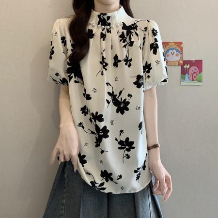 大码女装夏装新款显瘦宽松气质上衣高级感褶皱印花衬衫 服裝批發女裝批發服飾貨源