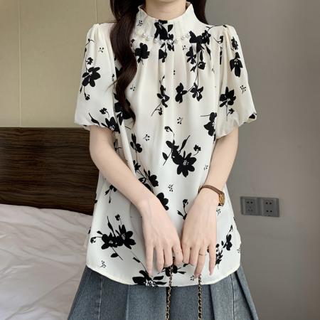 大码女装夏装新款显瘦宽松气质上衣高级感褶皱印花衬衫 服裝批發女裝批發服飾貨源