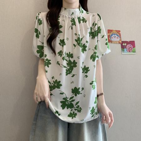 大码女装夏装新款显瘦宽松气质上衣高级感褶皱印花衬衫 服裝批發女裝批發服飾貨源