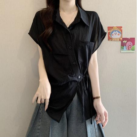 大码女装夏装新款显瘦Polo领短袖衬衫设计感绑带洋气减龄衬衣 服裝批發女裝批發服飾貨源