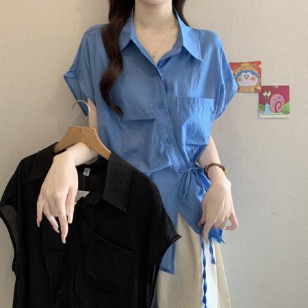 大码女装夏装新款显瘦Polo领短袖衬衫设计感绑带洋气减龄衬衣 服裝批發女裝批發服飾貨源