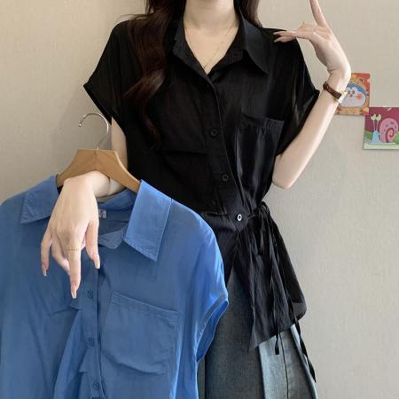 大码女装夏装新款显瘦Polo领短袖衬衫设计感绑带洋气减龄衬衣 服裝批發女裝批發服飾貨源