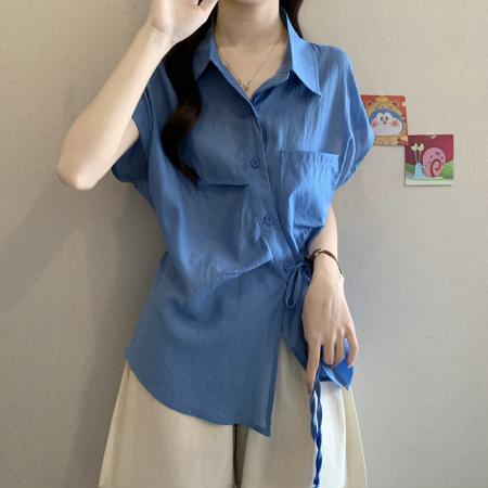 大码女装夏装新款显瘦Polo领短袖衬衫设计感绑带洋气减龄衬衣 服裝批發女裝批發服飾貨源