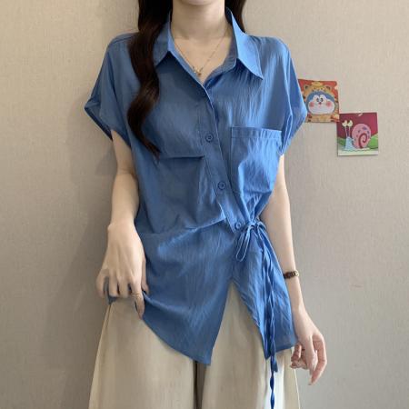 大码女装夏装新款显瘦Polo领短袖衬衫设计感绑带洋气减龄衬衣 服裝批發女裝批發服飾貨源