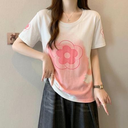 大码时尚撞色印花短袖T恤夏季新款正肩宽松体恤气质百搭上衣 服裝批發女裝批發服飾貨源