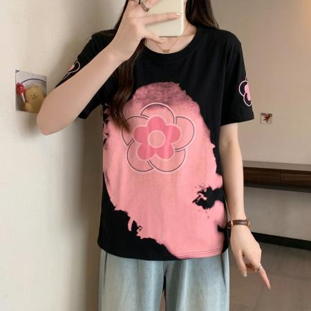 大码时尚撞色印花短袖T恤夏季新款正肩宽松体恤气质百搭上衣 服裝批發女裝批發服飾貨源