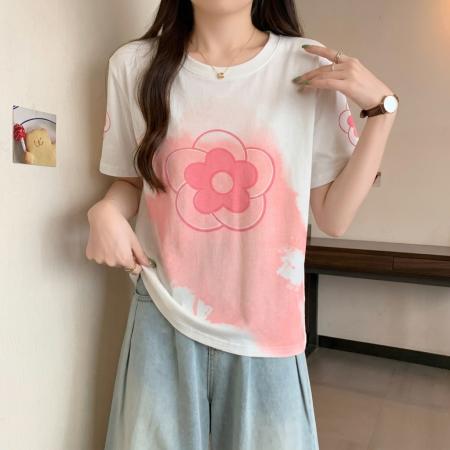 大码时尚撞色印花短袖T恤夏季新款正肩宽松体恤气质百搭上衣 服裝批發女裝批發服飾貨源