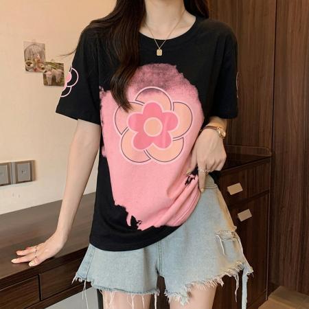 大码时尚撞色印花短袖T恤夏季新款正肩宽松体恤气质百搭上衣 服裝批發女裝批發服飾貨源