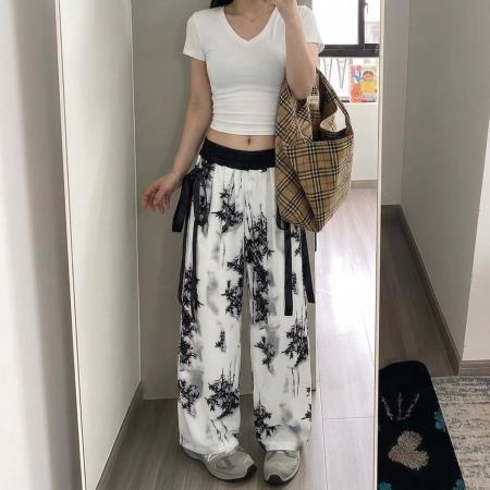 高腰休闲裤子垂感飘带印花阔腿裤夏季大码胖mm梨形显瘦直筒裤 服裝批發女裝批發服飾貨源