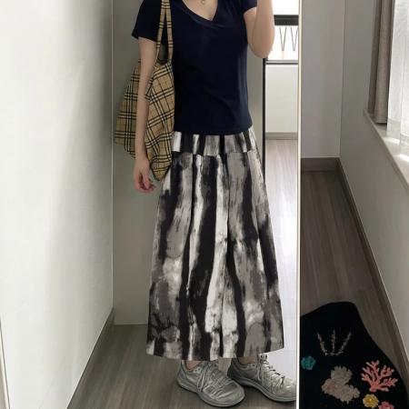 开叉设计感印花半身裙裤女夏季新款大码胖mm宽松显瘦遮胯阔腿裤子 服裝批發女裝批發服飾貨源