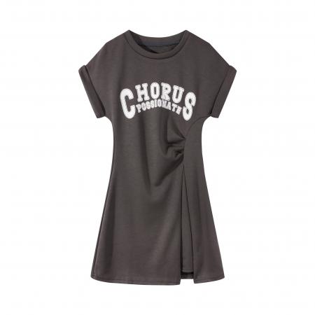 大码美式字母印花短袖连衣裙女夏季胖mm气质显瘦掐腰中长裙子 服裝批發女裝批發服飾貨源