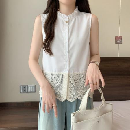 重工镂空钩花拼接衬衫大码女装夏季胖MM遮肚显瘦独特漂亮上衣 服裝批發女裝批發服飾貨源