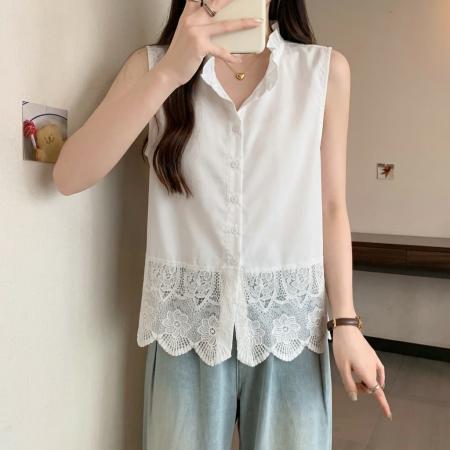 重工镂空钩花拼接衬衫大码女装夏季胖MM遮肚显瘦独特漂亮上衣 服裝批發女裝批發服飾貨源