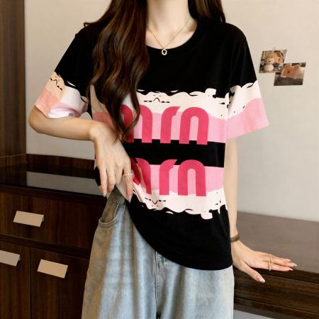欧货独特撞色字母印花短袖T恤夏季大码胖MM漂亮显瘦正肩上衣 服裝批發女裝批發服飾貨源