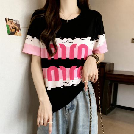 欧货独特撞色字母印花短袖T恤夏季大码胖MM漂亮显瘦正肩上衣 服裝批發女裝批發服飾貨源